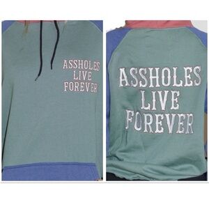 Linda Finegold Assholes Live Forever multicolor colorblock unisex hoodie